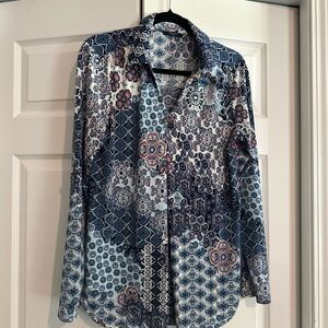 Chic Blue and Pink Patterned Blouse